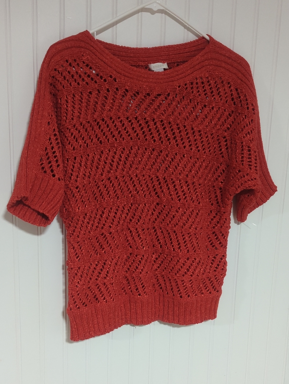 Chico's Open-Weave Short Sleeve Sweater - Rust Red